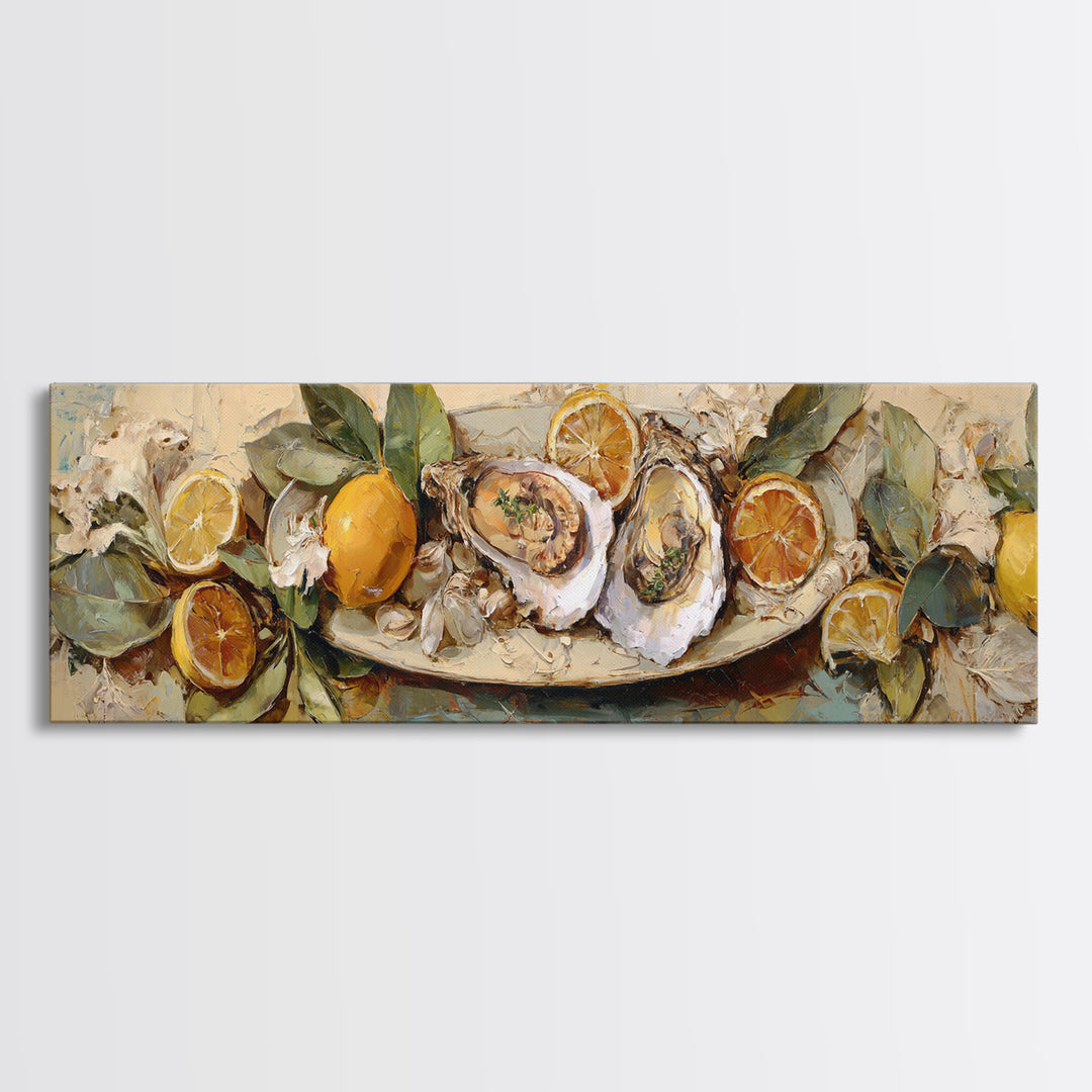 Oyster Platter with Lemons and Champagne Canvas Print, Restaurant Art, Canvas, Restaurant Decor, Bistro, Living Room Decor, RES-3x1-91
