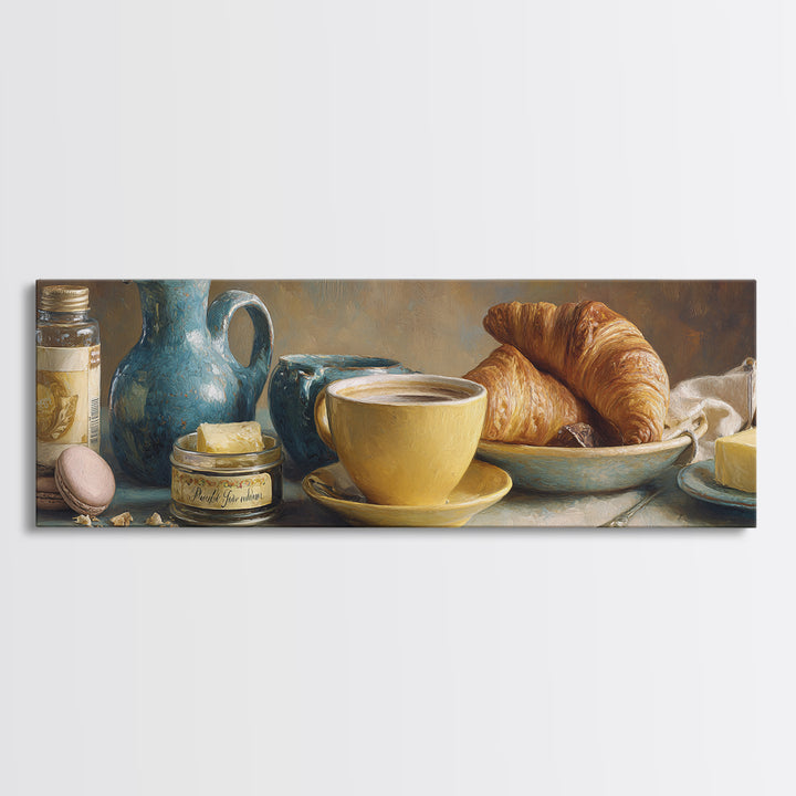 French Bistro Coffee and Croissant Still Life Canvas Print, Restaurant Art, Bedroom Wall Art, Restaurant Decor, Watercolor Art, RES-3x1-94