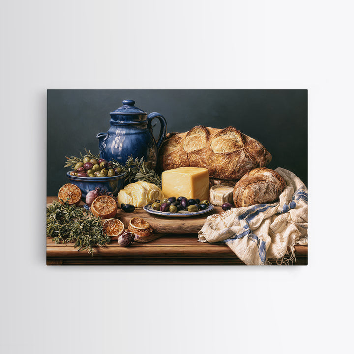 Mediterranean Olives Bread and Cheese Board Canvas Print, Restaurant Art, Bedroom Wall Art, Restaurant Decor, Bistro, RES-3x2-13