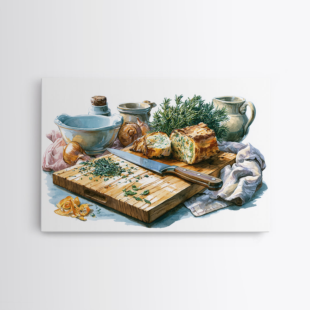 Chef Knife Herbs and Cutting Board Still Canvas Print, Restaurant Art, Kitchen Wall Decor, Restaurant Decor, Fine Art, Bistro, RES-3x2-17