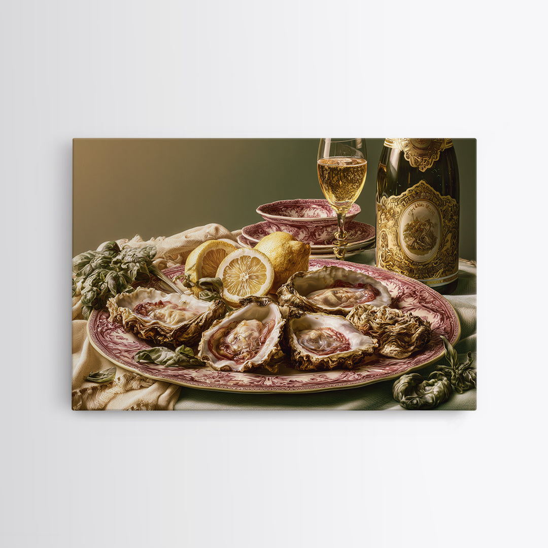 Oyster Platter with Lemons and Champagne Framed Canvas Print, Restaurant Art, Statement Artwork, Restaurant Decor, Bistro, RES-3x2-31