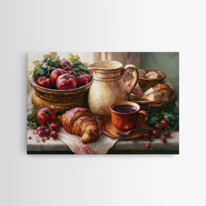 French Bistro Coffee and Croissant Still Life Canvas Print, Restaurant Art, Bedroom Wall Art, Restaurant Decor, Watercolor Art, RES-3x2-34