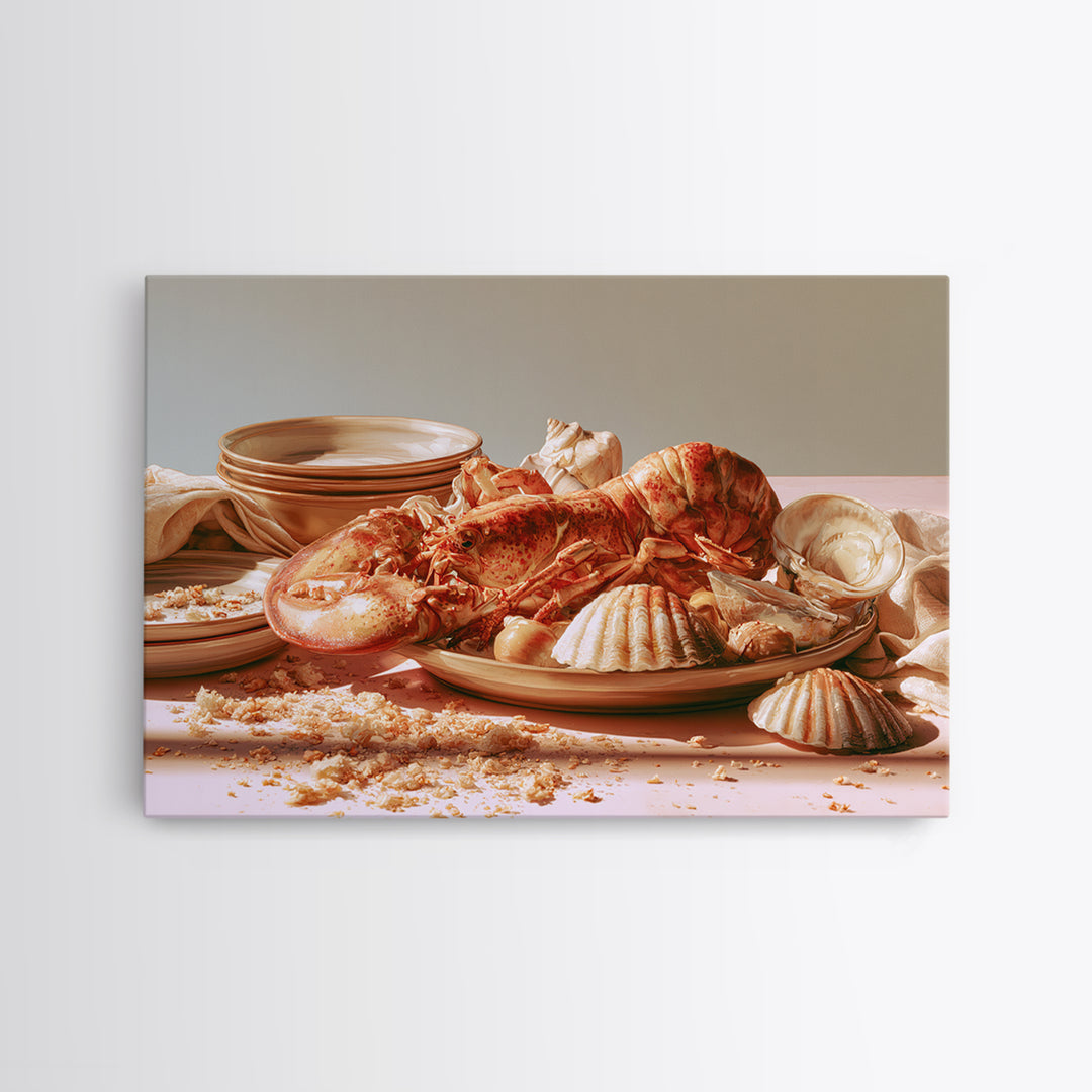 Seafood Lobster and Shell Arrangement Framed Canvas Print, Restaurant Art, Cool Wall Art, Restaurant Decor, Fine Art, Bistro, RES-3x2-36