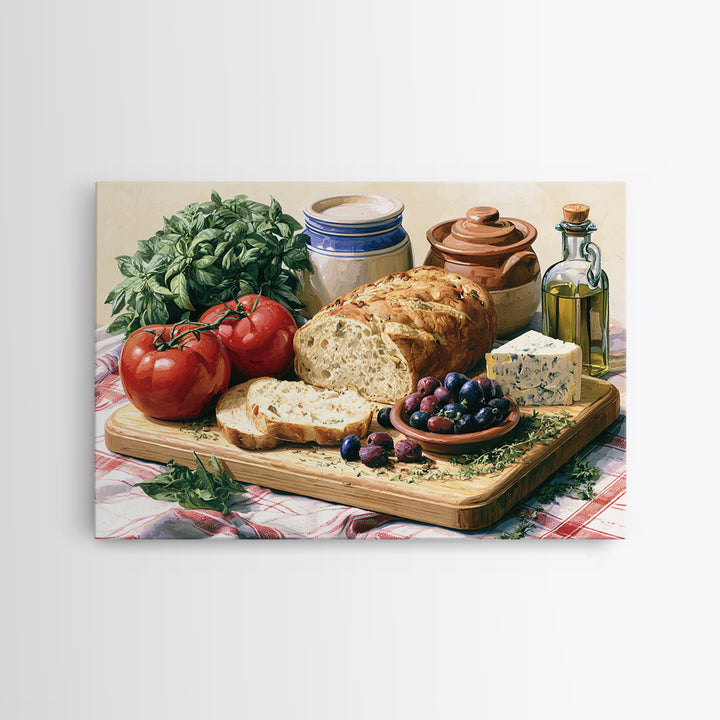 Mediterranean Olives Bread and Cheese Board Canvas Print, Restaurant Art, Food Art, Restaurant Decor, Oil Painting, Bistro, RES-3x2-37