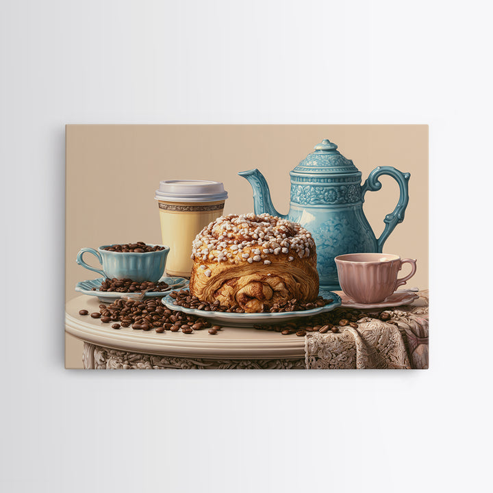 Coffee Beans and Pastry Arrangement Framed Canvas Print, Restaurant Art, Watercolor Painting, Restaurant Decor, Oil Painting, RES-3x2-50