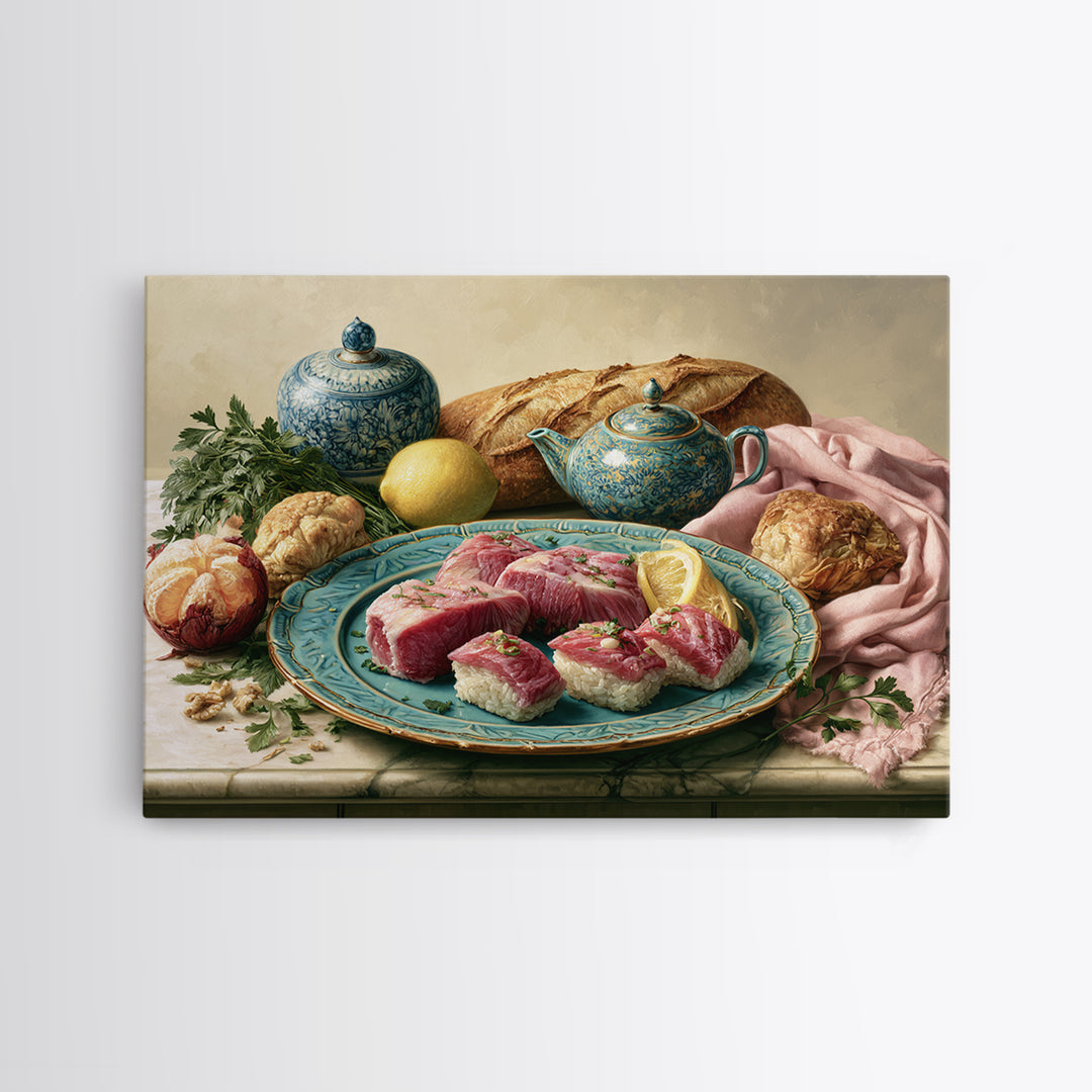 Sushi Fish and Ceramic Plate Composition Canvas Print, Restaurant Art, Cool Wall Art, Restaurant Decor, Fine Art, Bistro, RES-3x2-57