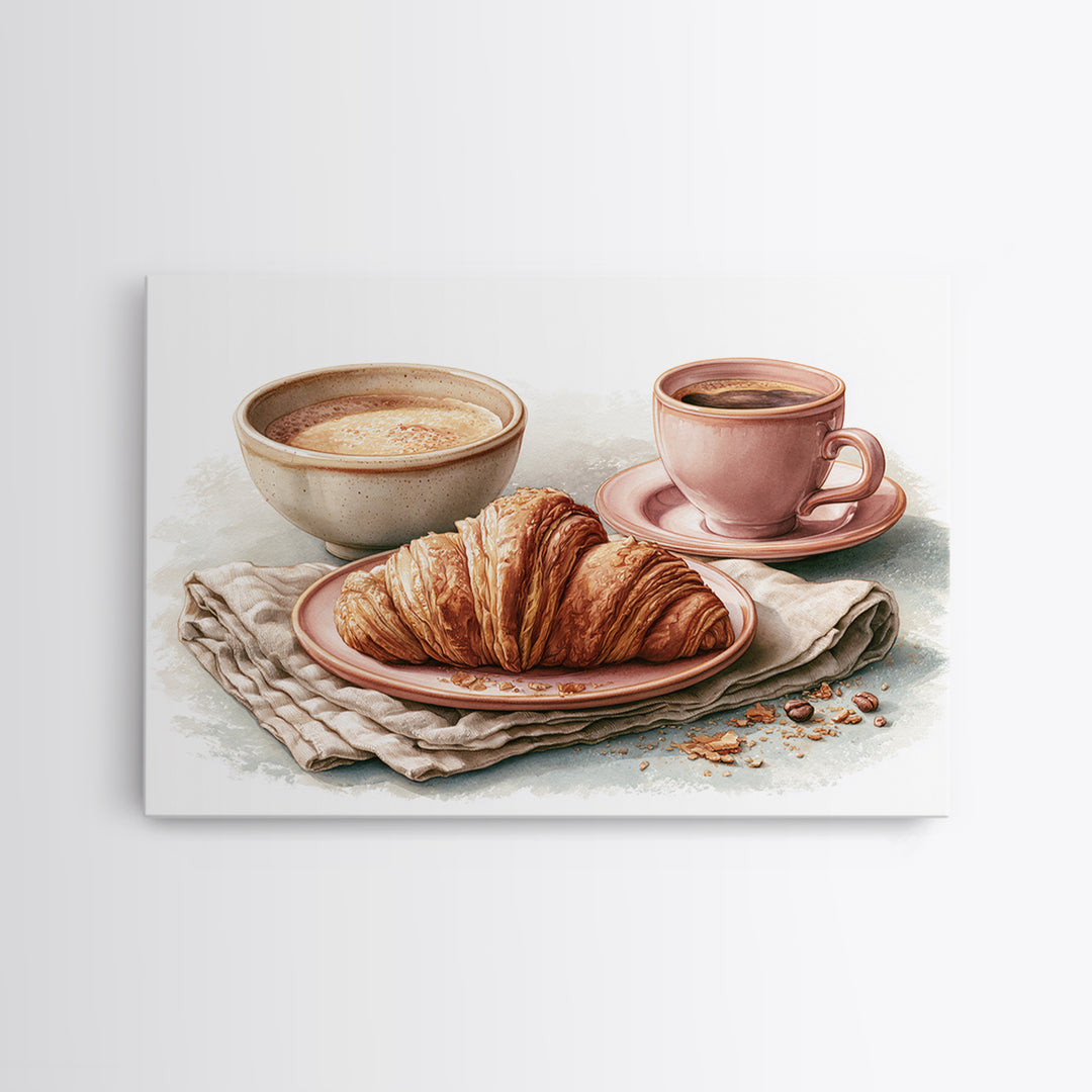 French Bistro Coffee and Croissant Still Life Canvas Print, Restaurant Art, Bedroom Wall Art, Restaurant Decor, Watercolor Art, RES-3x2-58