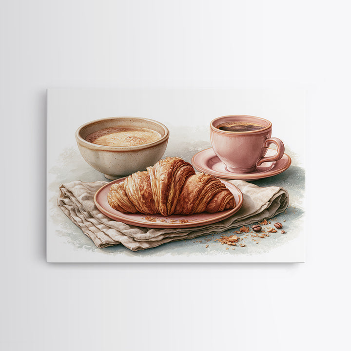 French Bistro Coffee and Croissant Still Life Canvas Print, Restaurant Art, Bedroom Wall Art, Restaurant Decor, Watercolor Art, RES-3x2-58
