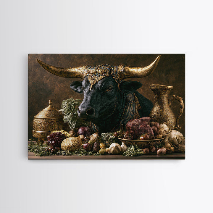 Steakhouse Black and Gold Bull Portrait Framed Canvas Print, Restaurant Art, Wall Art Prints, Restaurant Decor, Bistro, RES-3x2-59