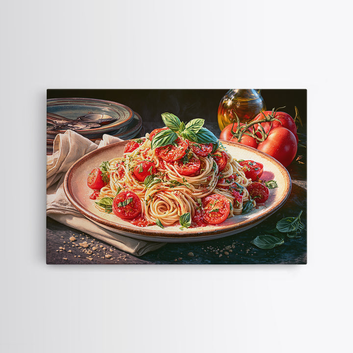 Fresh Pasta with Tomatoes and Basil Framed Canvas Print, Restaurant Art, Kitchen Art, Restaurant Decor, Fine Art, Bistro, RES-3x2-6