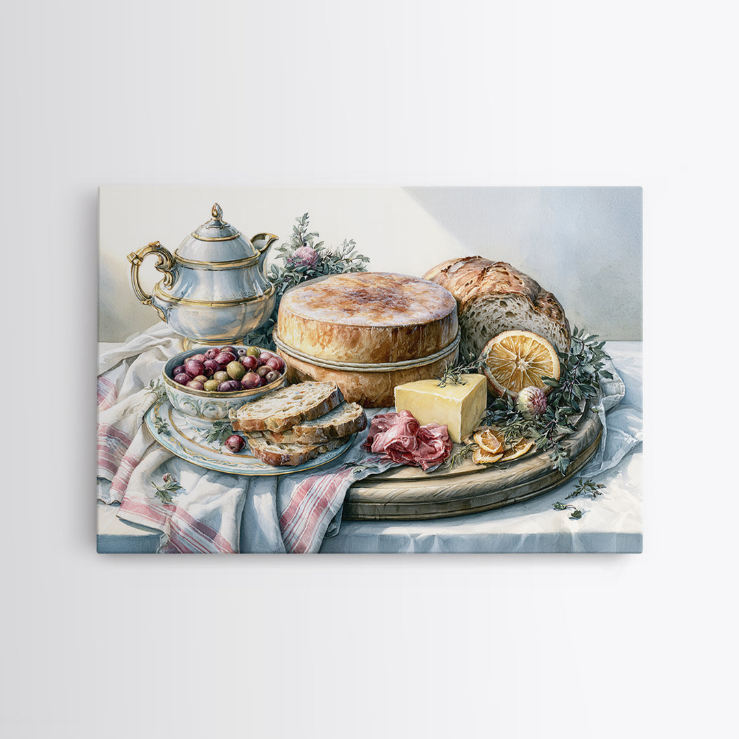 Mediterranean Olives Bread and Cheese Board Canvas Print, Restaurant Art, Food Art, Restaurant Decor, Oil Painting, Bistro, RES-3x2-61