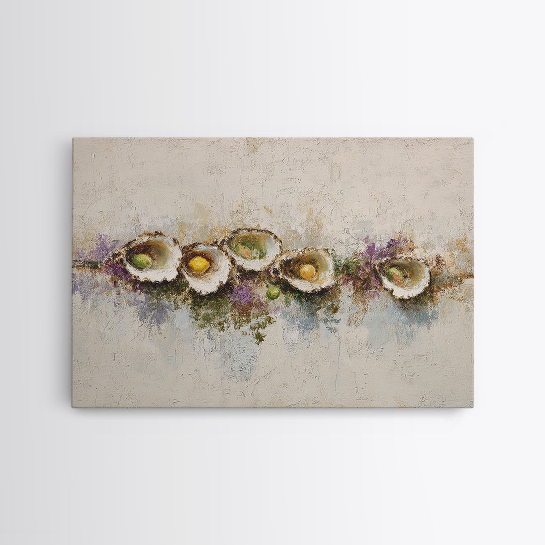 Oyster Platter with Lemons and Champagne Framed Canvas Print, Restaurant Art, Kitchen Wall Art, Restaurant Decor, Abstract Art, RES-3x2-7