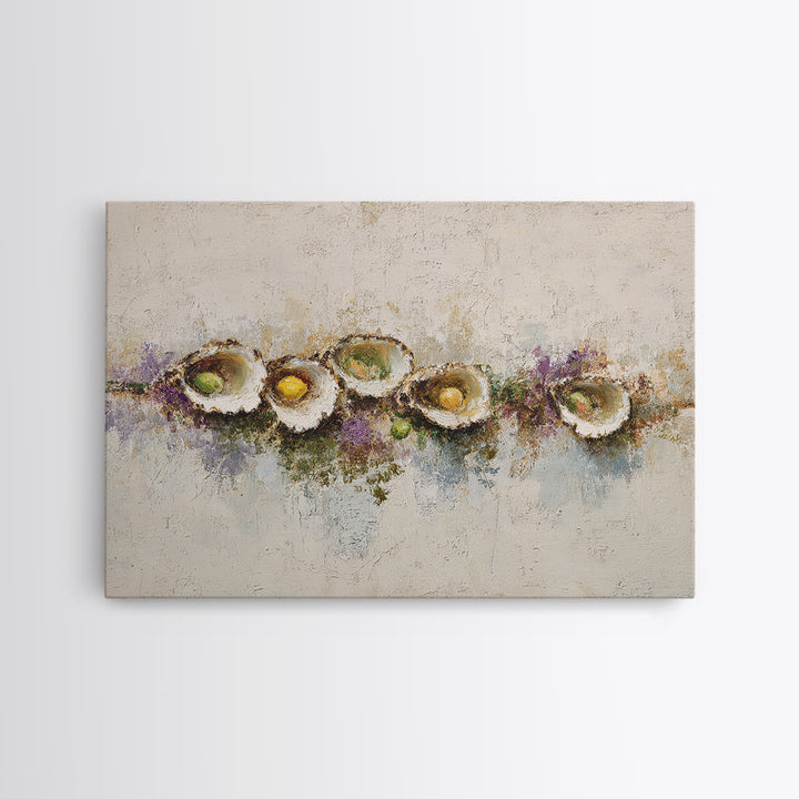 Oyster Platter with Lemons and Champagne Framed Canvas Print, Restaurant Art, Kitchen Wall Art, Restaurant Decor, Abstract Art, RES-3x2-7
