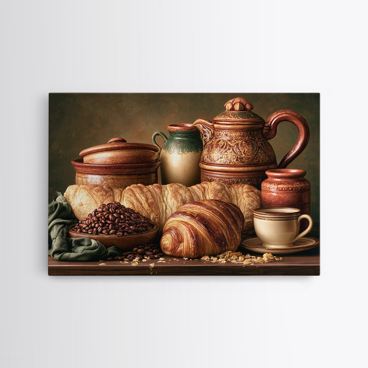 Coffee Beans and Pastry Arrangement Framed Canvas Print, Restaurant Art, Watercolor Painting, Restaurant Decor, Oil Painting, RES-3x2-74