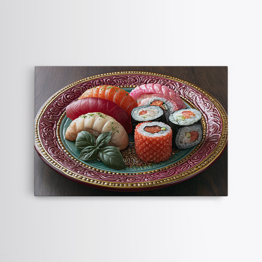 Sushi Fish and Ceramic Plate Composition Framed Canvas Print, Restaurant Art, Fine Art Print, Restaurant Decor, Bistro, RES-3x2-81