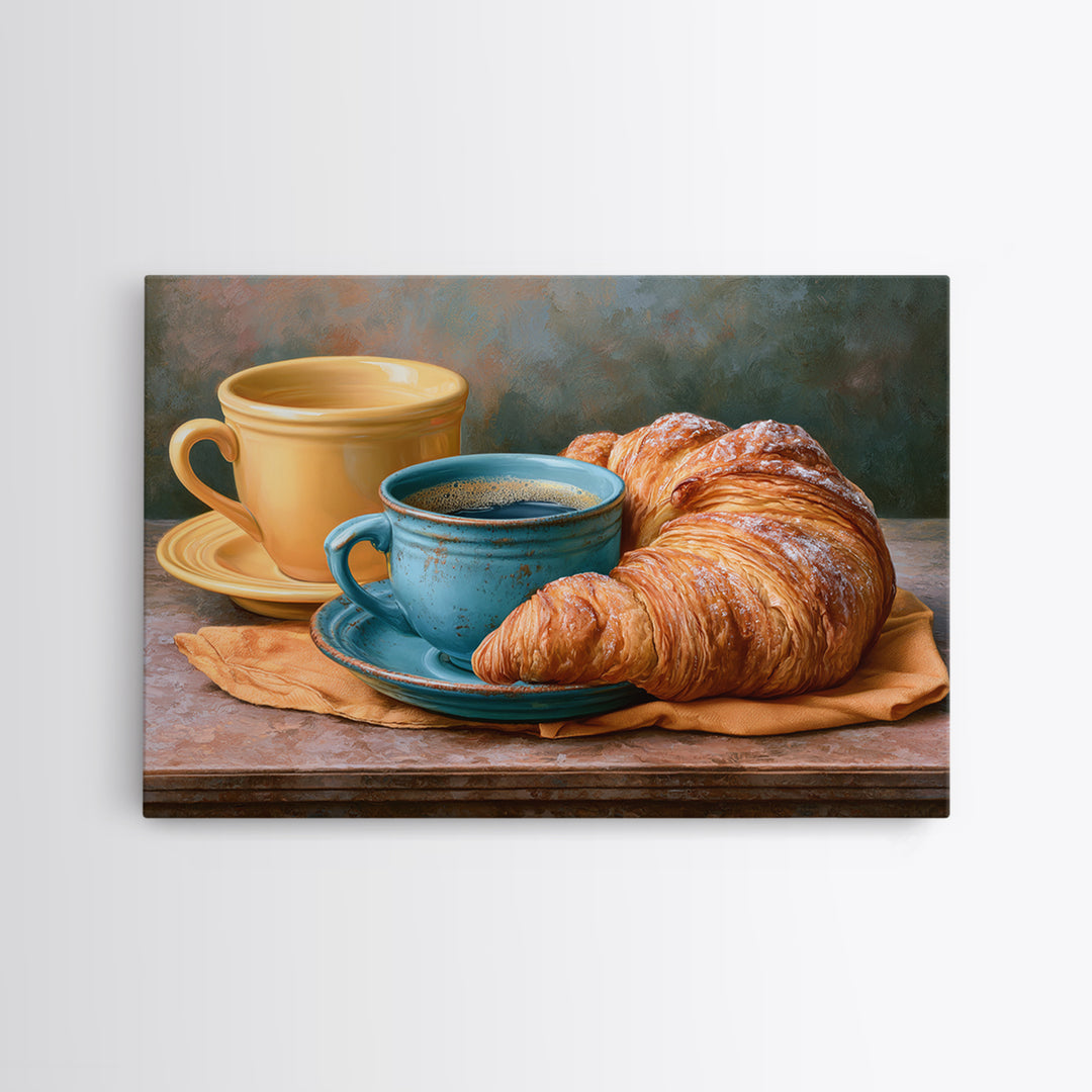 French Bistro Coffee and Croissant Still Life Framed Canvas Print, Restaurant Art, Food Art, Restaurant Decor, Oil Painting, RES-3x2-82