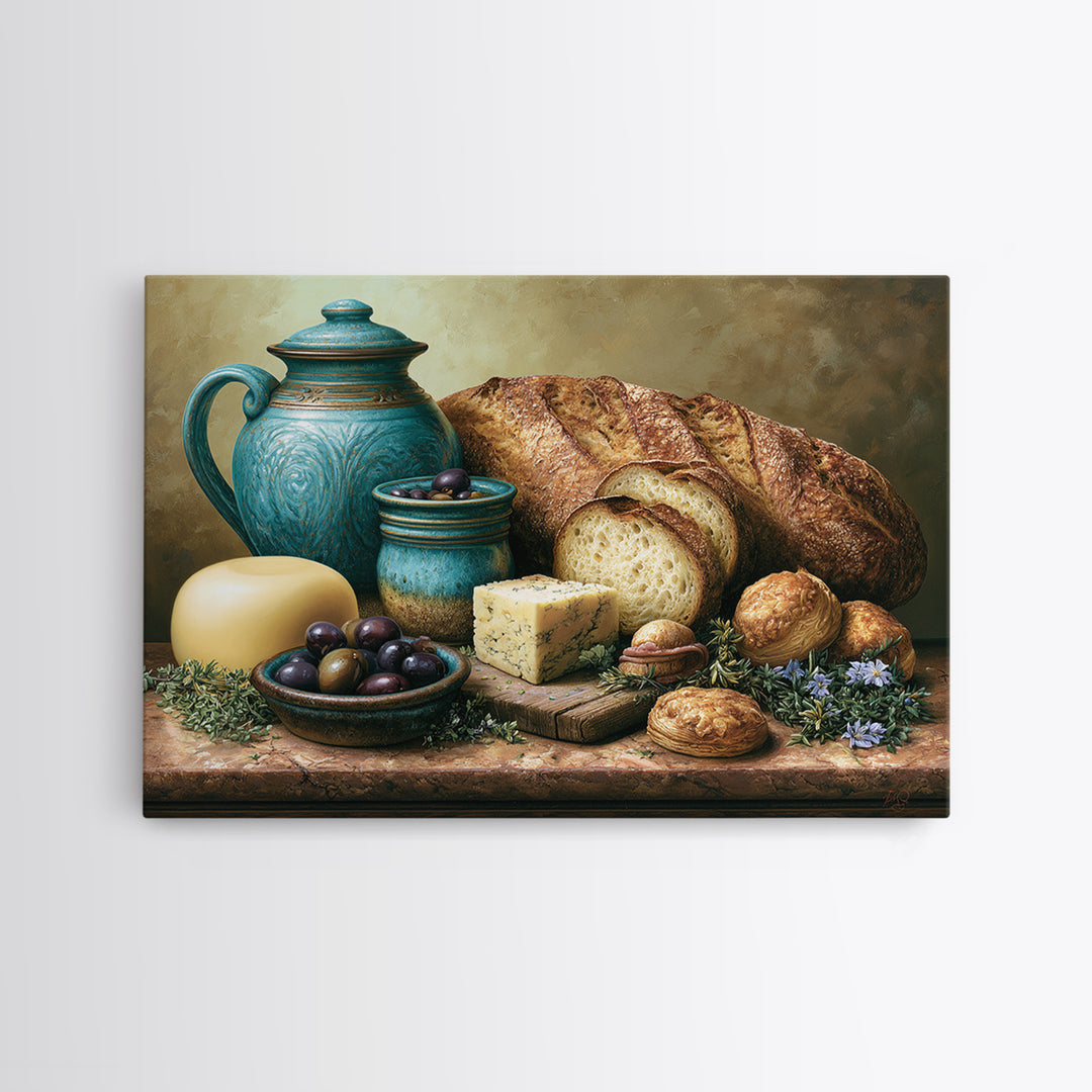 Mediterranean Olives Bread and Cheese Board Framed Canvas Print, Restaurant Art, Statement Artwork, Restaurant Decor, Bistro, RES-3x2-85