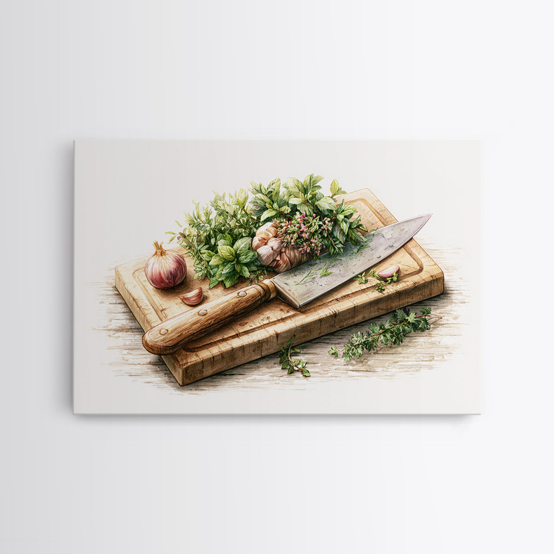 Chef Knife Herbs and Cutting Board Still Canvas Print, Restaurant Art, Boho Decor, Restaurant Decor, Oil Painting, Bistro, RES-3x2-89