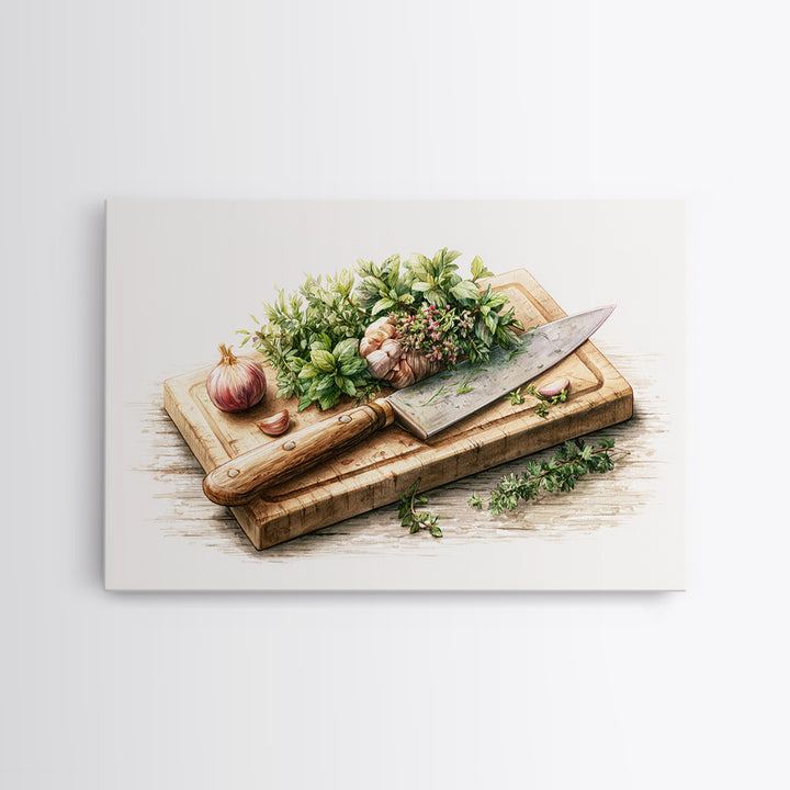 Chef Knife Herbs and Cutting Board Still Canvas Print, Restaurant Art, Boho Decor, Restaurant Decor, Oil Painting, Bistro, RES-3x2-89