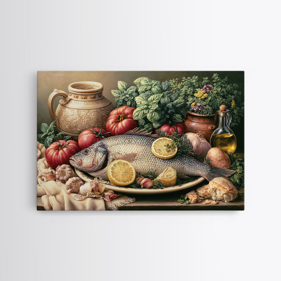 Fresh Fish with Lemon and Herbs Framed Canvas Print, Restaurant Art, Kitchen Decor, Restaurant Decor, Fine Art, Bistro, RES-3x2-99