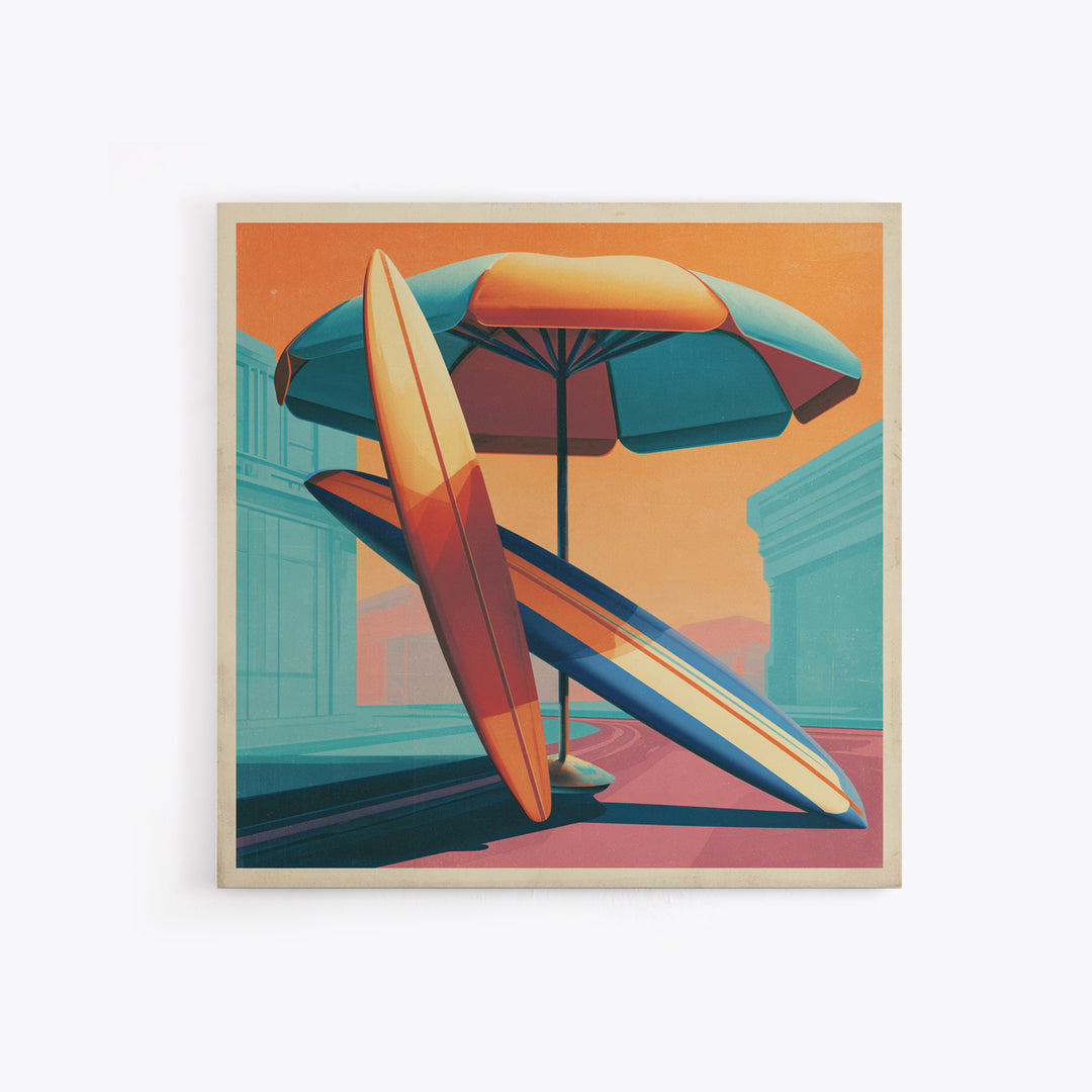 Retro Beach Umbrella and Surfboard Canvas Print, Retro Art, Printable Art, Living Room Decor, Fine Art, Retro, Funky Wall Art, RET-1x1-18