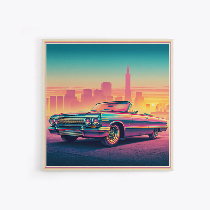 Classic Convertible at Pink Sunset Framed Canvas Print, Retro Art, Bedroom Wall Art, Living Room Decor, Watercolor Art, Retro, RET-1x1-34
