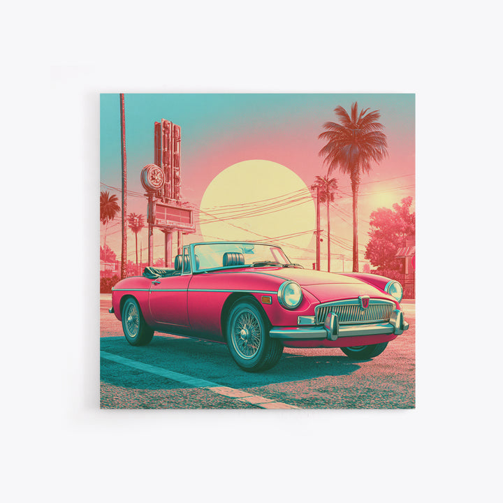 Classic Convertible at Pink Sunset Framed Canvas Print, Retro Art, Bedroom Wall Art, Living Room Decor, Watercolor Art, Retro, RET-1x1-58