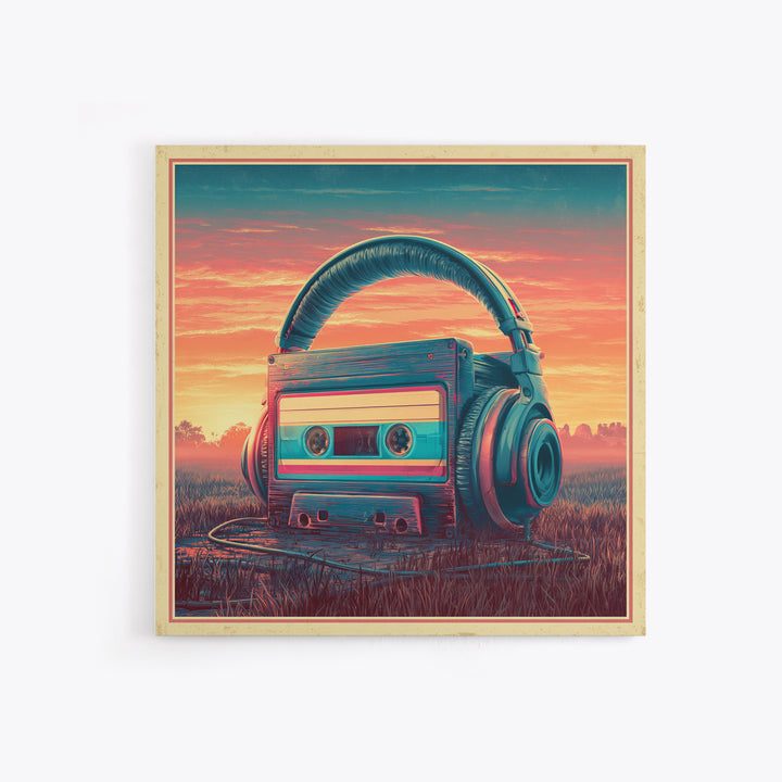 Cassette Tape and Headphones Graphic Framed Canvas Print, Retro Art, Gallery Decor, Living Room Decor, Fine Art, Retro, RET-1x1-78