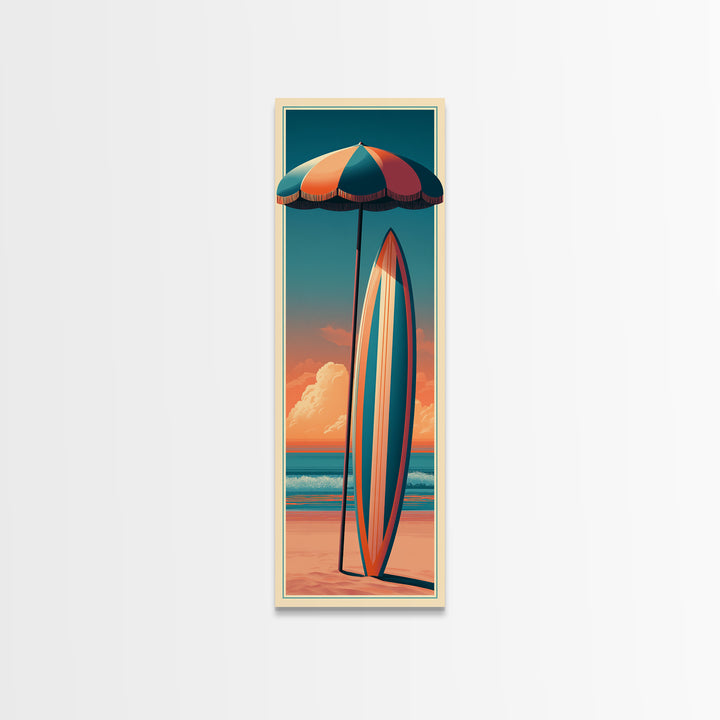 Retro Beach Umbrella and Surfboard Canvas Print, Retro Art, Floral Wall Art, Living Room Decor, Retro, Minimalist Decor, RET-1x3-78