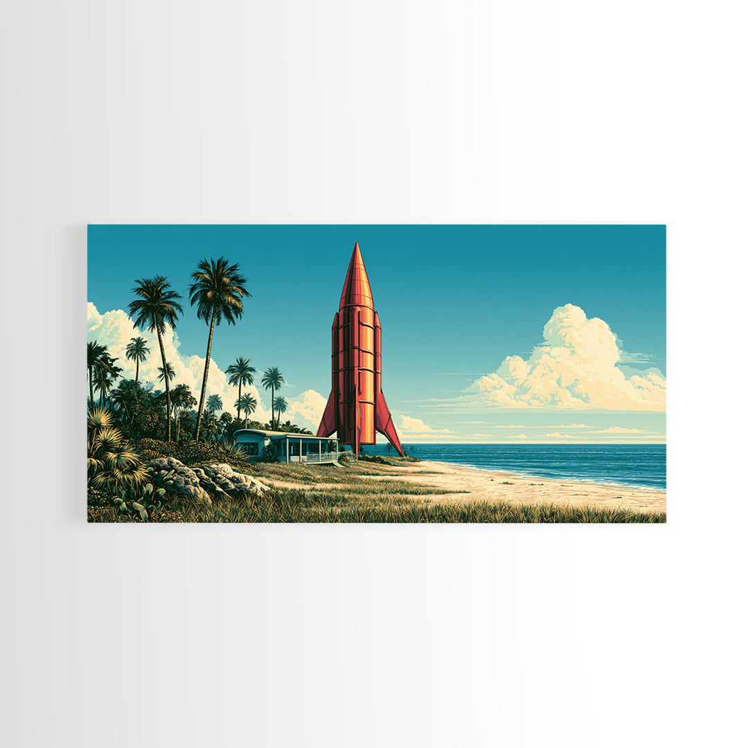 Space Age Rocket Poster Scene Framed Canvas Print, Retro Art, Fine Art Print, Living Room Decor, Fine Art, Retro, Wall Decor, RET-2x1-27