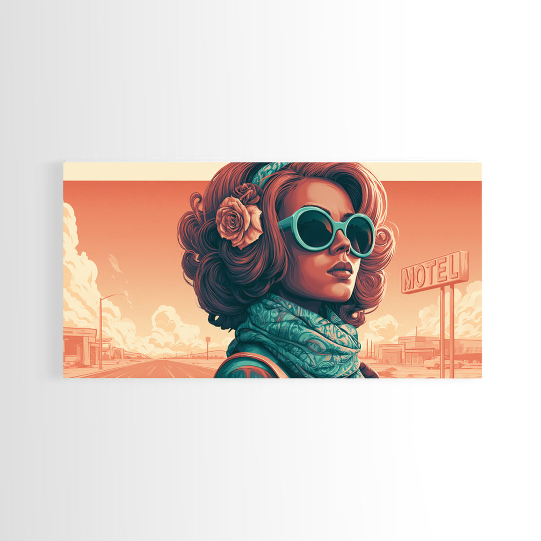 Mod Woman in Sunglasses and Scarf Framed Canvas Print, Retro Art, Minimalist Decor, Living Room Decor, Fine Art, Retro, RET-2x1-28