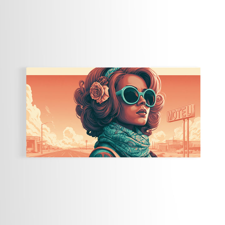 Mod Woman in Sunglasses and Scarf Framed Canvas Print, Retro Art, Minimalist Decor, Living Room Decor, Fine Art, Retro, RET-2x1-28