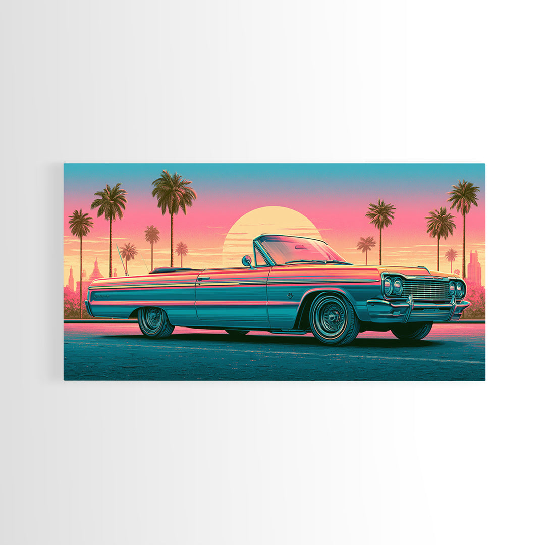 Classic Convertible at Pink Sunset Framed Canvas Print, Retro Art, Luxury Decor, Living Room Decor, Fine Art, Retro, RET-2x1-30