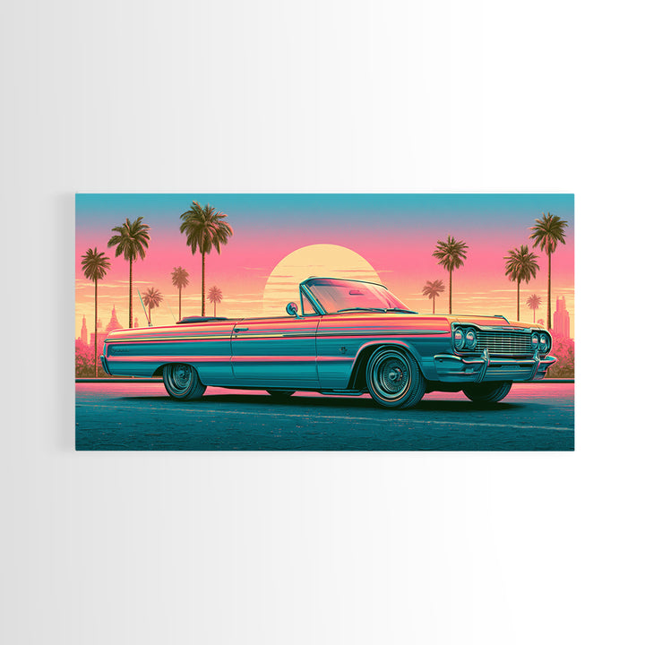 Classic Convertible at Pink Sunset Framed Canvas Print, Retro Art, Luxury Decor, Living Room Decor, Fine Art, Retro, RET-2x1-30
