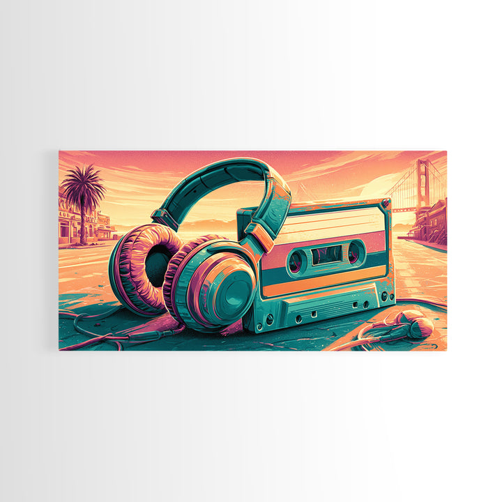Cassette Tape and Headphones Graphic Framed Canvas Print, Retro Art, Minimalist Decor, Living Room Decor, Fine Art, Retro, RET-2x1-50