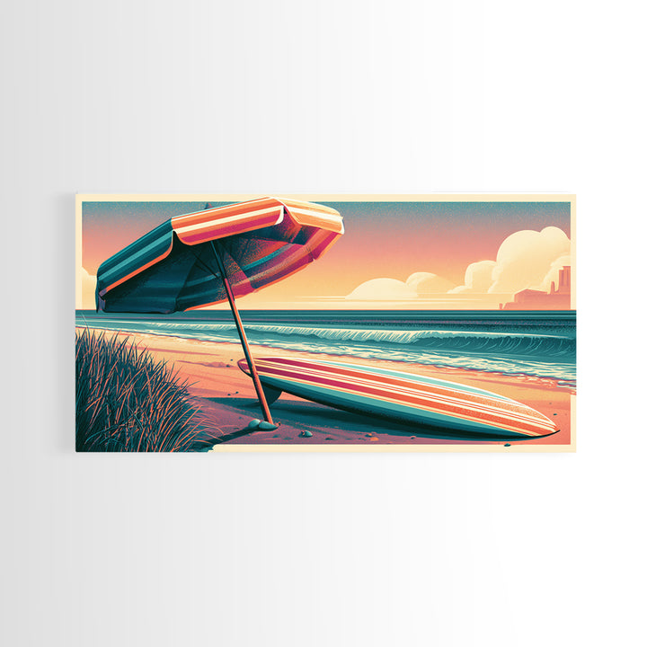 Retro Beach Umbrella and Surfboard Canvas Print, Retro Art, Room Decor, Living Room Decor, Oil Painting, Retro, Wall Art Prints, RET-2x1-62