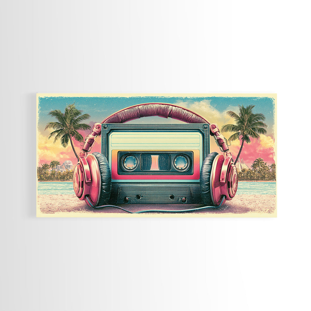 Cassette Tape and Headphones Graphic Canvas Print, Retro Art, Posters, Living Room Decor, Watercolor Art, Retro, Printable Art, RET-2x1-74