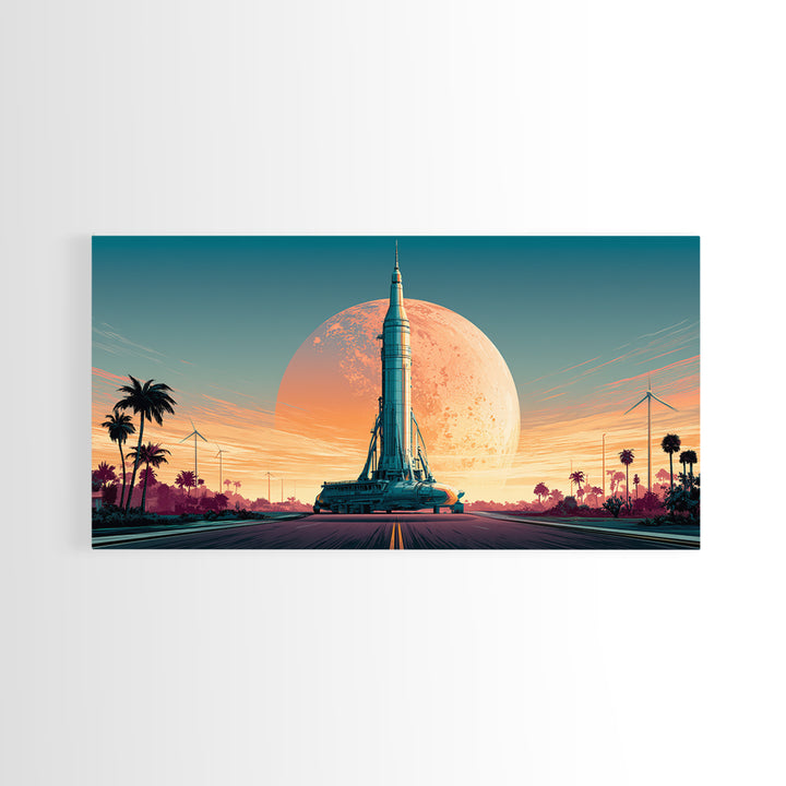 Space Age Rocket Poster Scene Framed Canvas Print, Retro Art, Boho Decor, Living Room Decor, Fine Art, Retro, Posters, RET-2x1-75