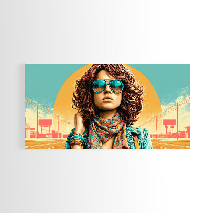 Mod Woman in Sunglasses and Scarf Canvas Print, Retro Art, Apartment Decor, Living Room Decor, Fine Art, Retro, Cat Art, RET-2x1-76
