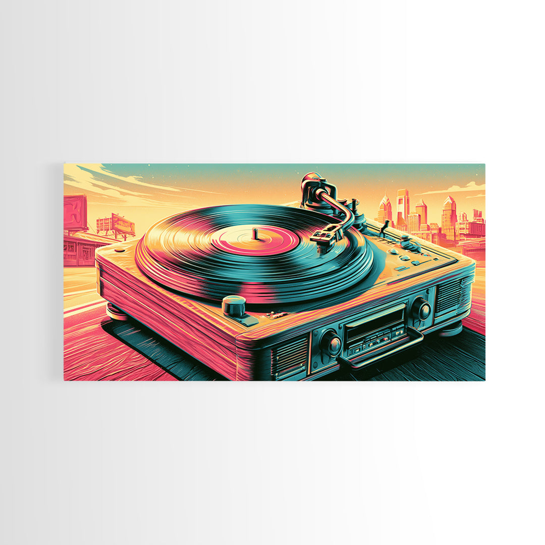 Vinyl Record Player Framed Canvas Print, Retro Art, Printable Art, Living Room Decor, Fine Art, Retro, Funky Wall Art, RET-2x1-80