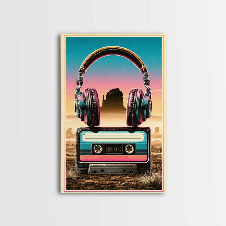 Cassette Tape and Headphones Graphic Canvas Print, Retro Art, Art Print, Living Room Decor, Oil Painting, Retro, RET-2x3-14