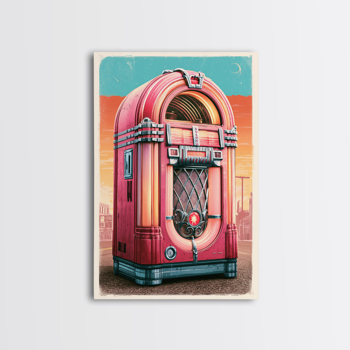 Jukebox Glowing in Red and Chrome Framed Canvas Print, Retro Art, Art Nouveau, Living Room Decor, Retro, Bedroom Wall Art, RET-2x3-28