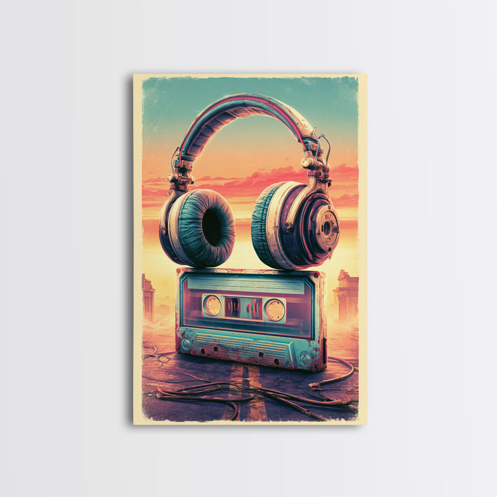 Cassette Tape and Headphones Graphic Framed Canvas Print, Retro Art, Wall Art, Living Room Decor, Fine Art, Retro, Original Art, RET-2x3-38