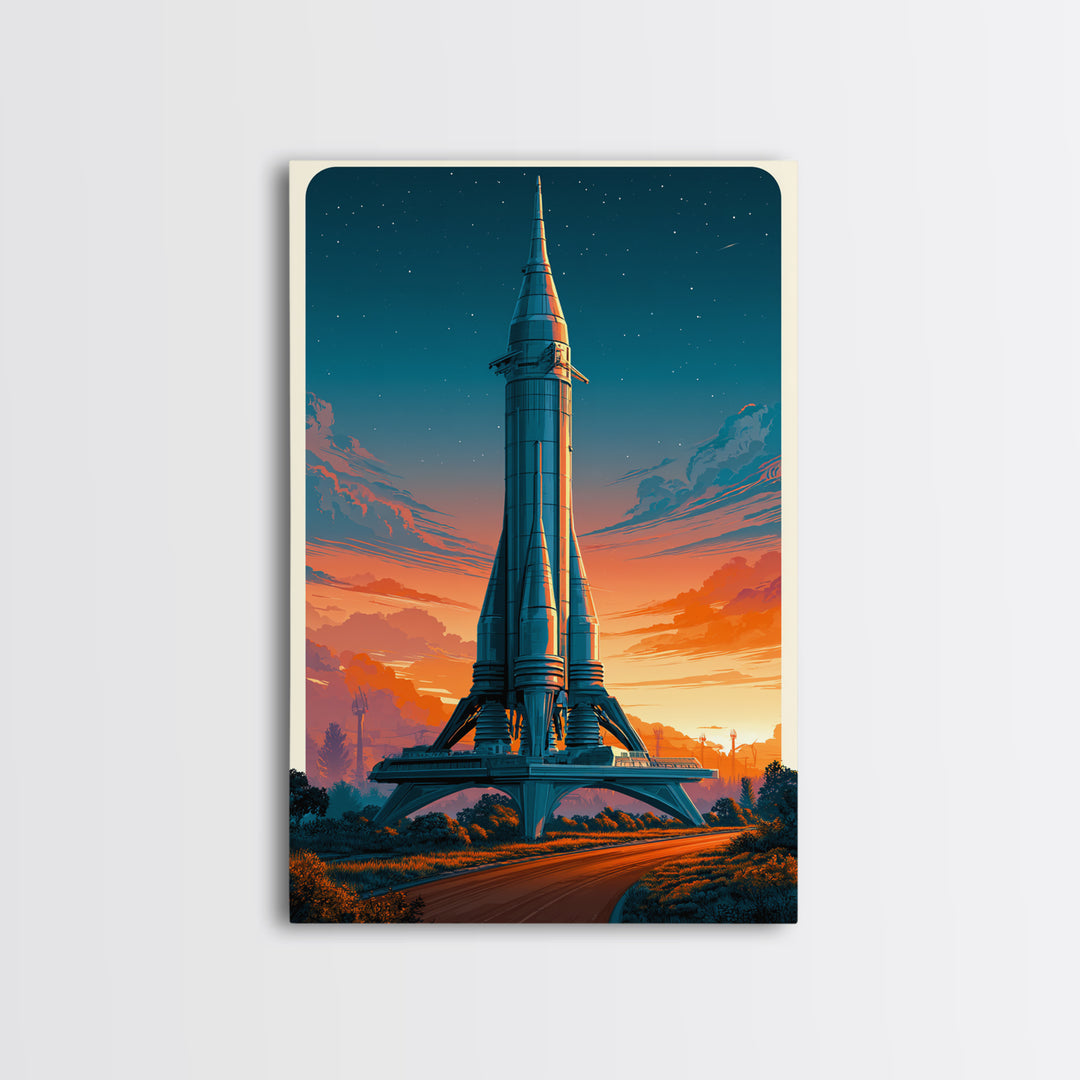Space Age Rocket Poster Scene Framed Canvas Print, Retro Art, Posters, Living Room Decor, Fine Art, Retro, Printable Art, RET-2x3-63