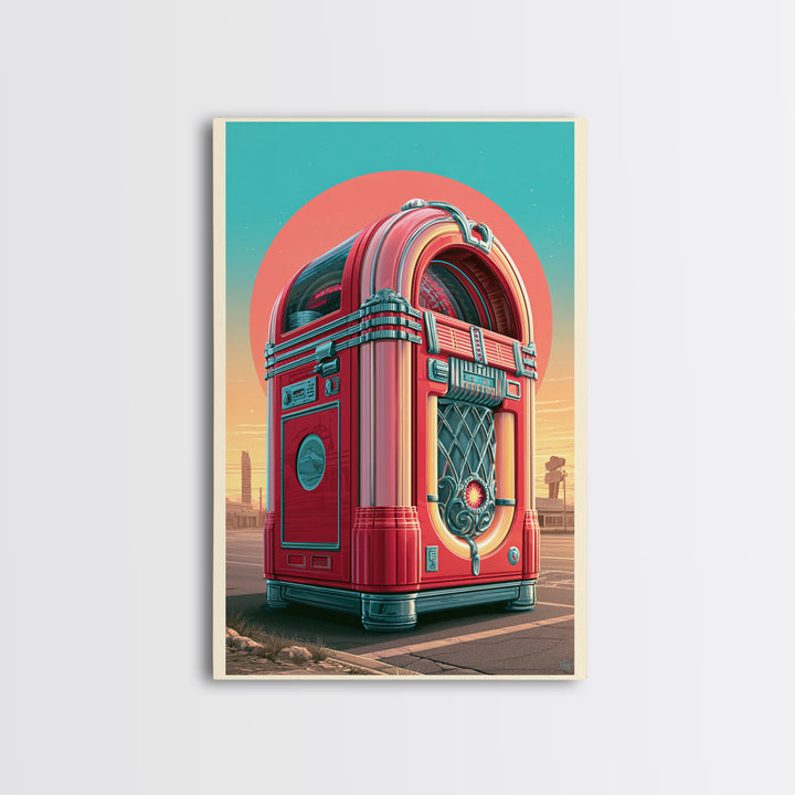 Jukebox Glowing in Red and Chrome Framed Canvas Print, Retro Art, Apartment Decor, Living Room Decor, Fine Art, Retro, RET-2x3-76