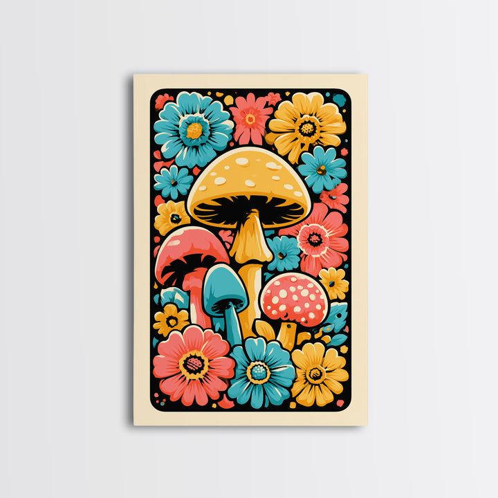 Funky Mushroom and Flower Pattern Canvas Print, Retro Art, Poster, Living Room Decor, Watercolor Art, Retro, Abstract Art, RET-2x3-79