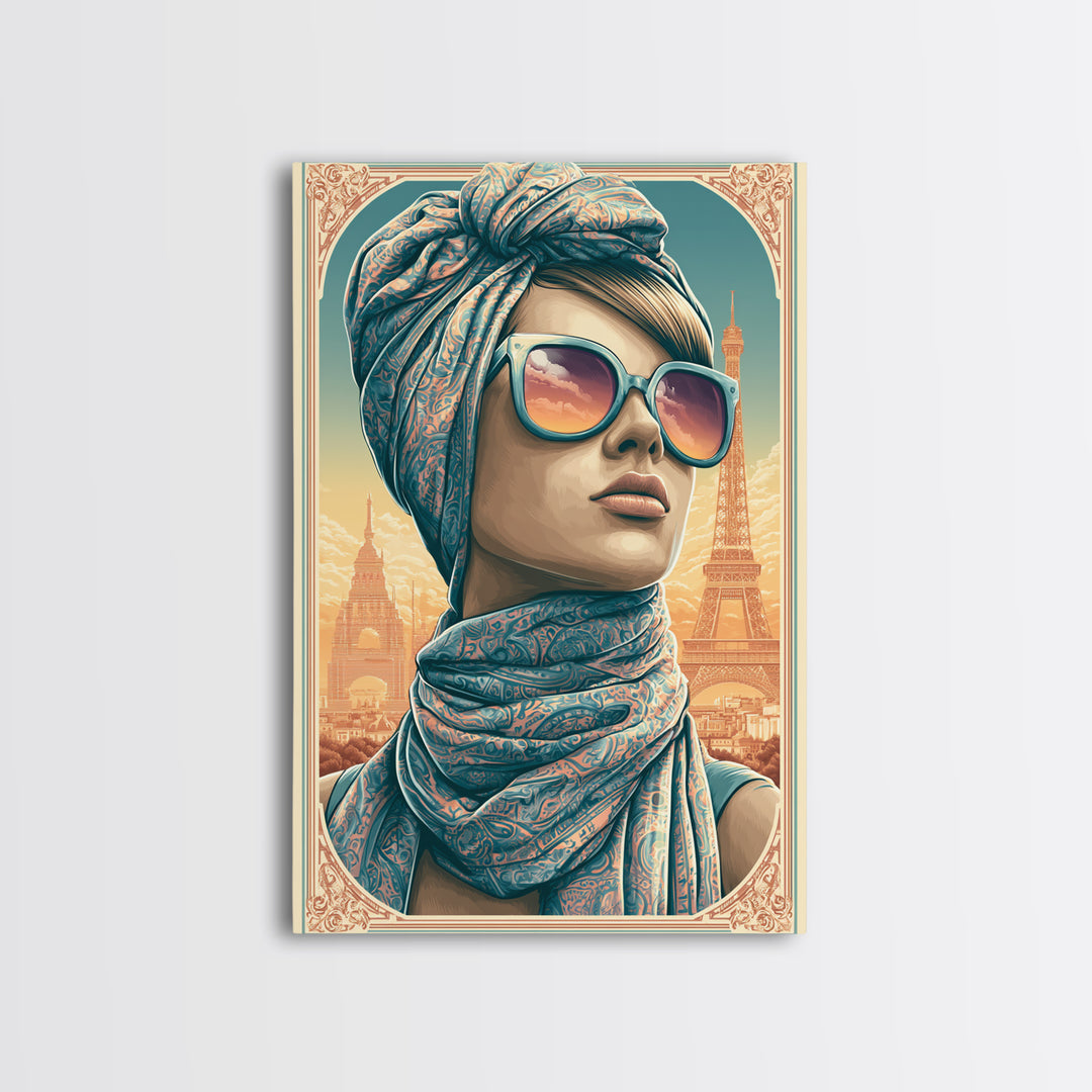 Mod Woman in Sunglasses and Scarf Framed Canvas Print, Retro Art, Printable Wall Art, Living Room Decor, Fine Art, Retro, RET-2x3-88