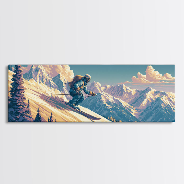 Retro Ski Poster Mountain Scene Canvas Print, Retro Art, Abstract Wall Art, Living Room Decor, Watercolor Art, Retro, RET-3x1-16