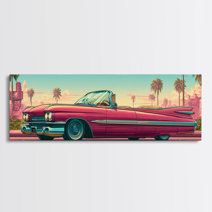 Classic Convertible at Pink Sunset Framed Canvas Print, Retro Art, Digital Prints, Living Room Decor, Fine Art, Retro, RET-3x1-2