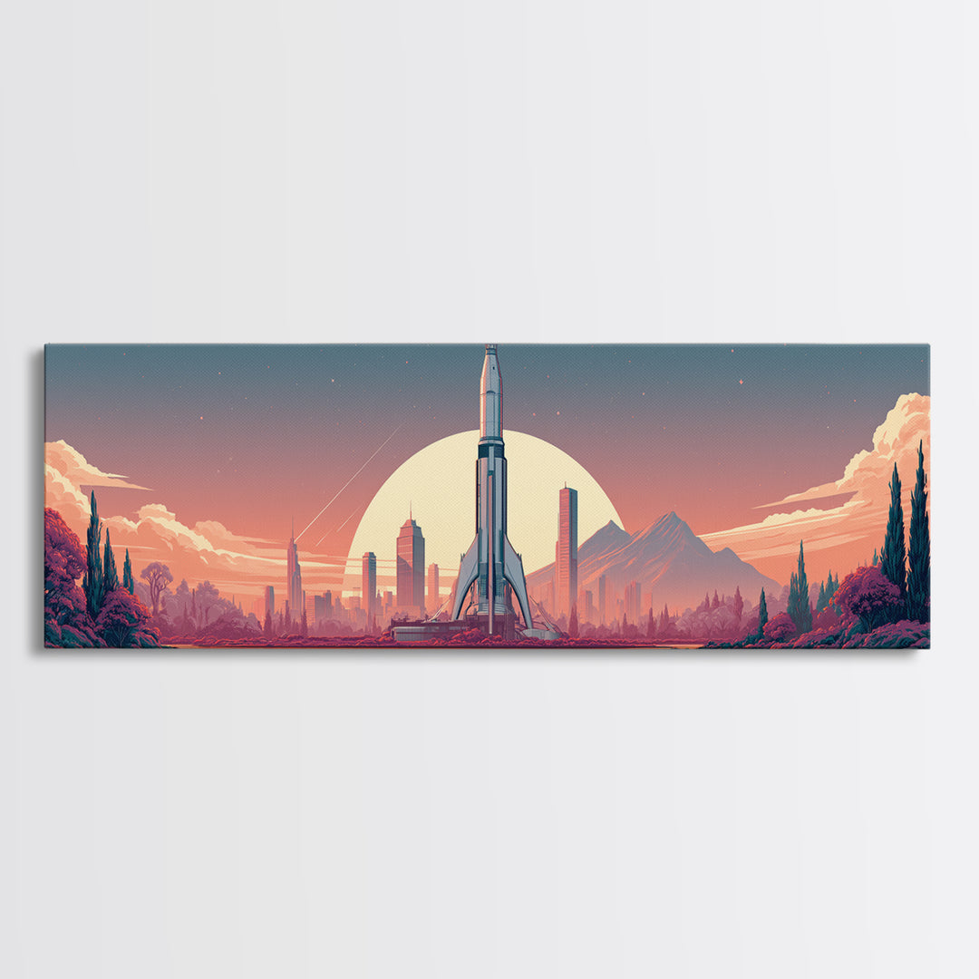 Space Age Rocket Poster Scene Framed Canvas Print, Retro Art, Wall Decor, Living Room Decor, Fine Art, Retro, Apartment Decor, RET-3x1-47